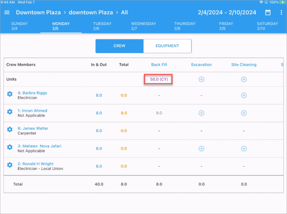 Screenshot of Timesheet Entry screen with Crew tab enabled and posted units highlighted.