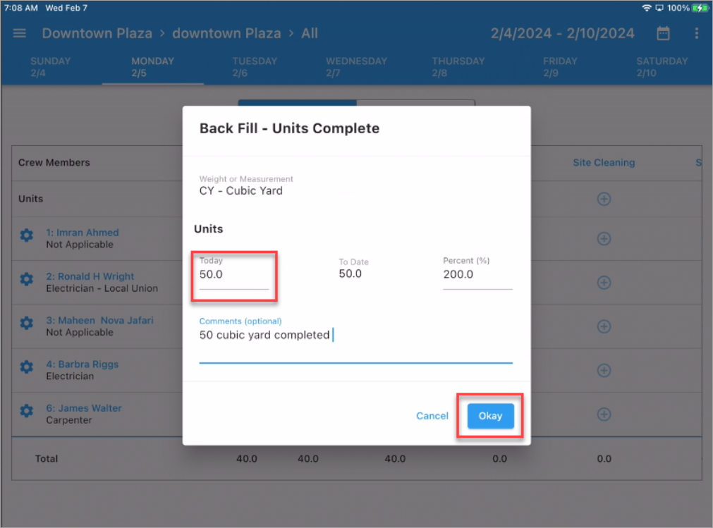 Screenshot of Timesheet Entry screen with Units Complete pop-up launched to edit units completed.