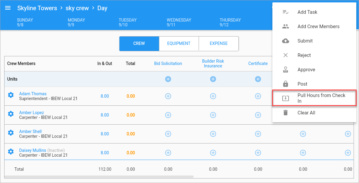 Screenshot of menu on Timesheet Entry with "Pull Hours from Check In" highlighted.