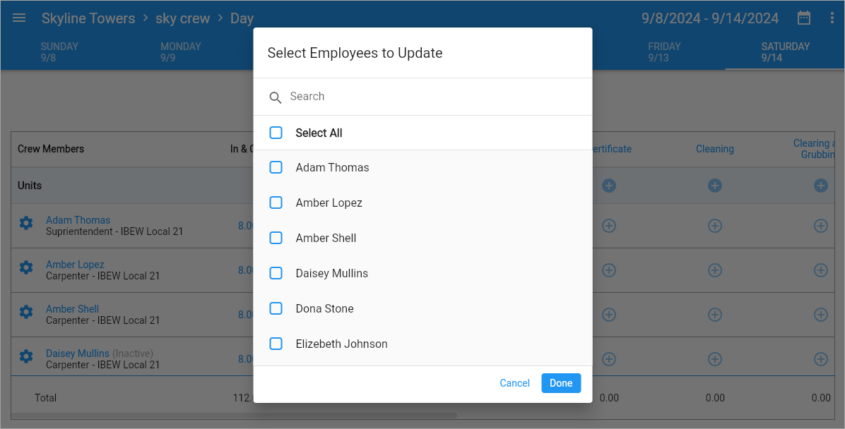 Screenshot of Select Employees to Update pop-up on Timesheet Entry