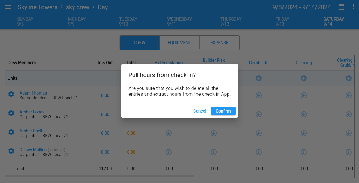 Screenshot of Pull hours from check in? confirmation message.