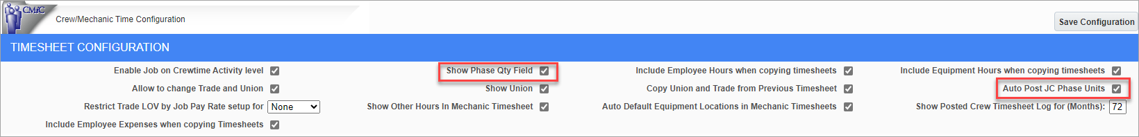 Screeshot of Crew/Mechanic Time Configuration screen with Timesheet Configuration settings displayed.