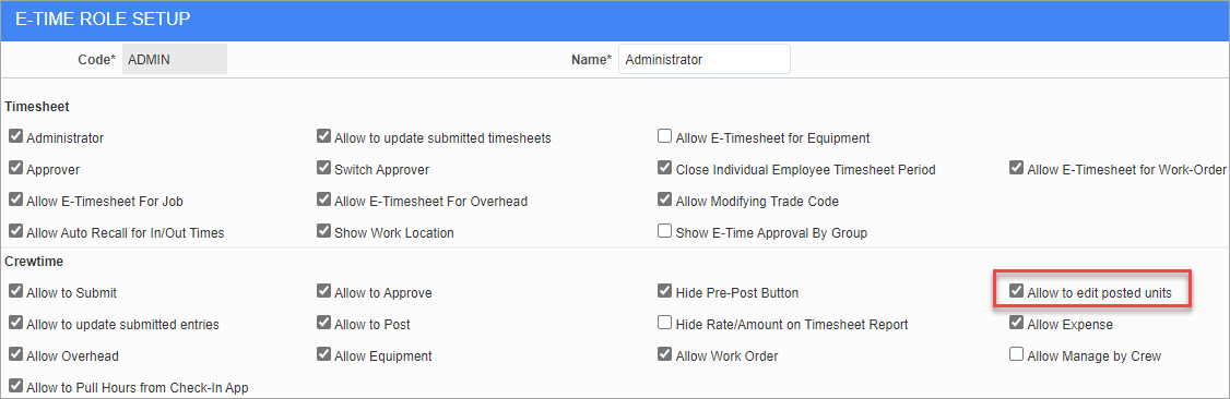 Screenshot of E-time Role Setup with 'Allow to edit posted units' highlighted.