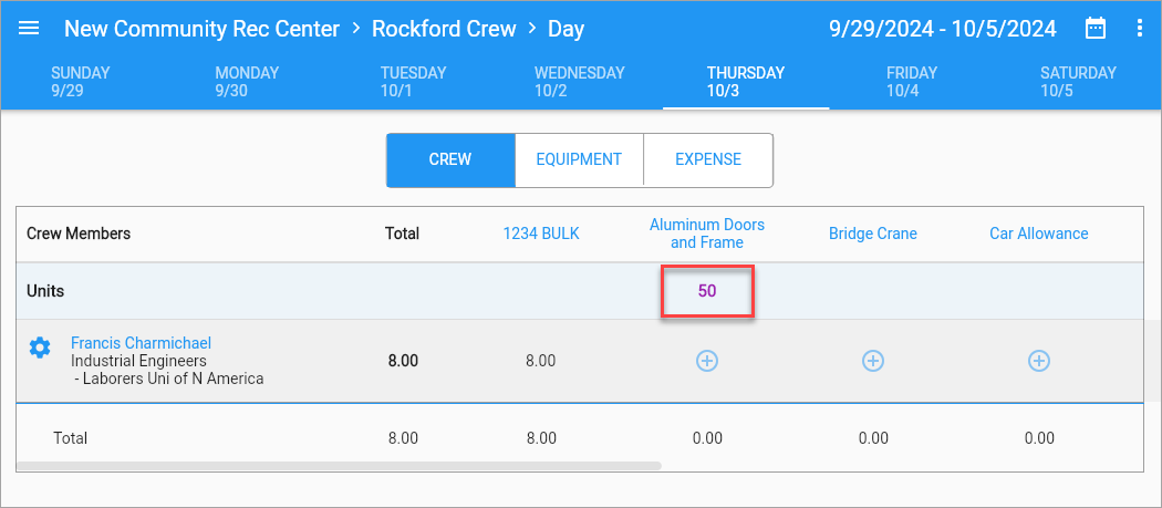 Screenshot of Timesheet Entry with units updated.