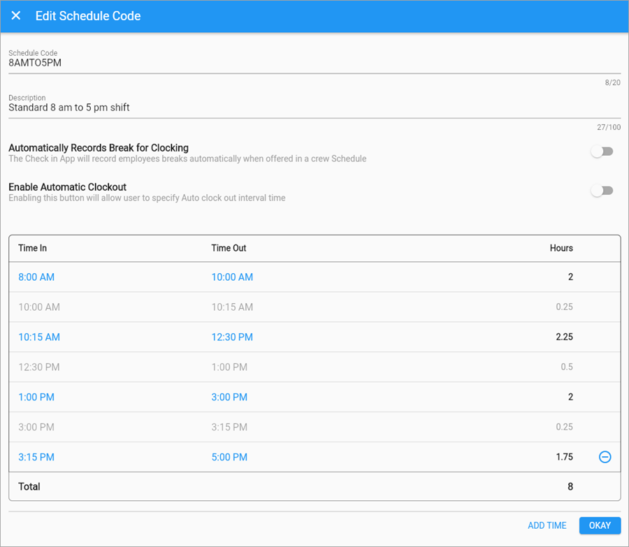 Screenshot of Edit Schedule Codes