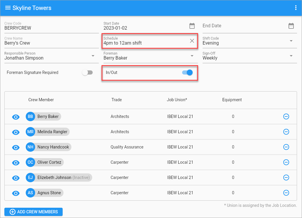 Screenshot of Crew Maintenance with Schedule and In/Out fields highlighted.