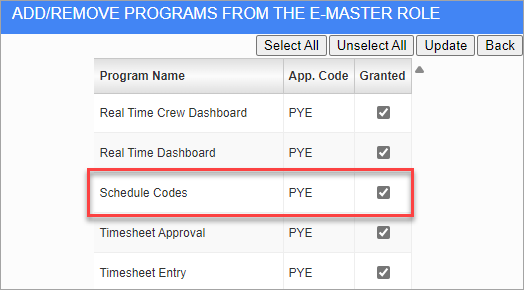 Screenshot of Security Roles with Schedule Codes program highlighted.