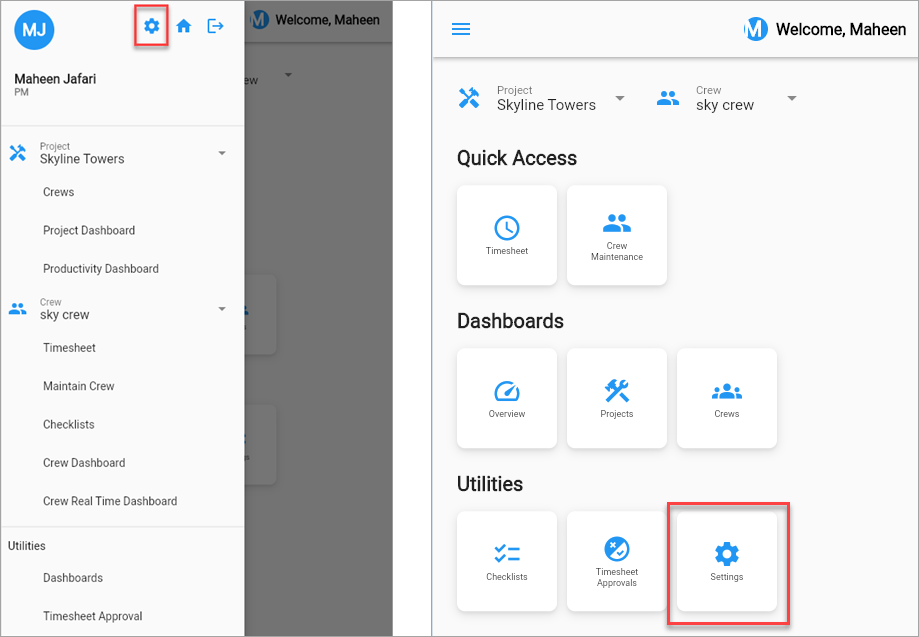 Image of Construct CT menu and home screen with Settings option.