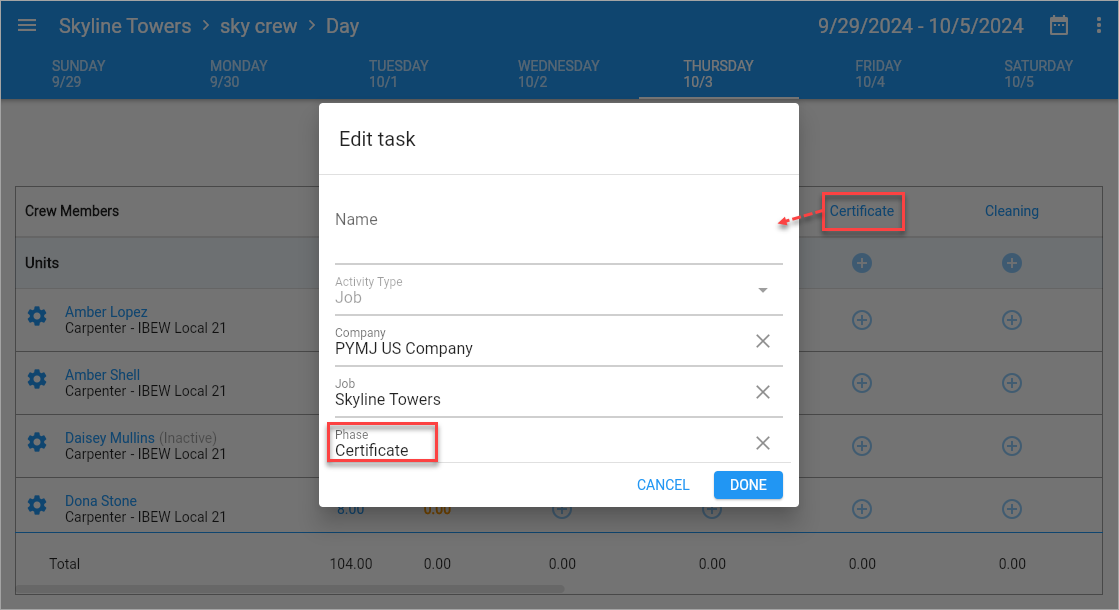 Screenshot of Edit Task pop-up on Timesheet with Phase field highlighted.