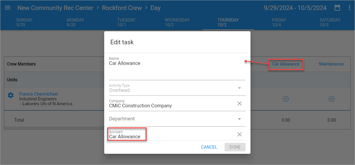 Screenshot of Edit Task pop-up with Account field highlighted.