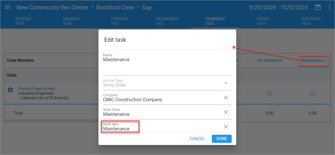 Screenshot of Edit Task with Work Item field highlighted.