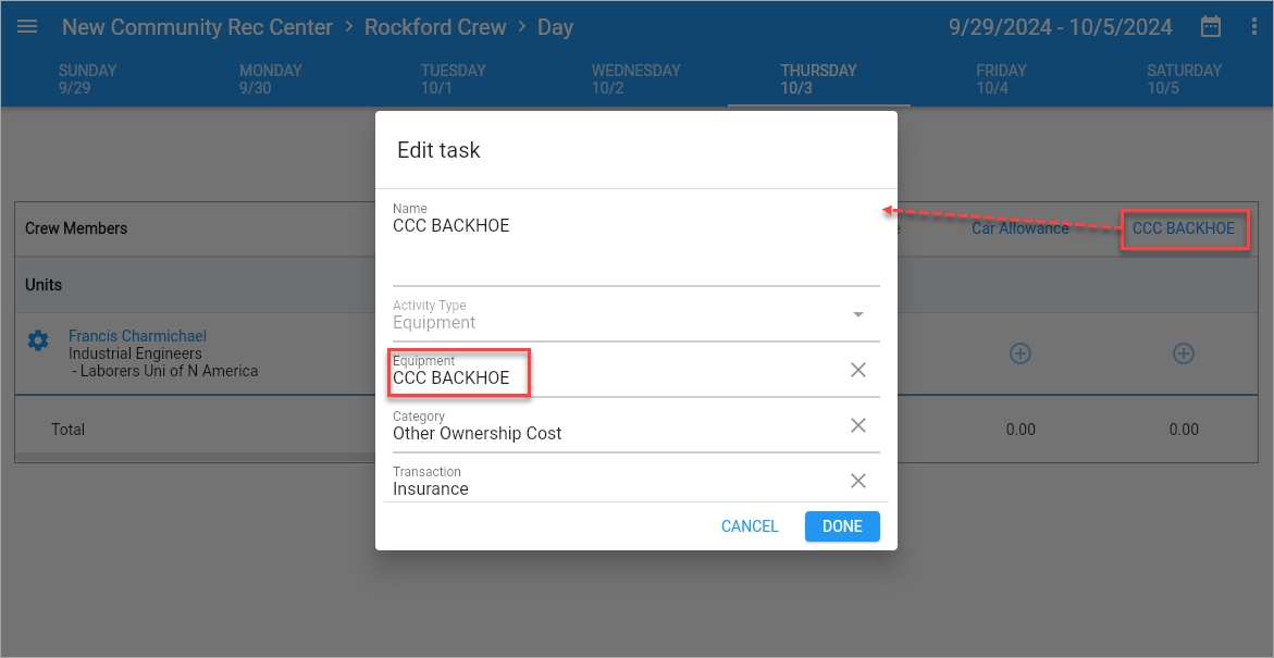 Screenshot of Edit Task with Equipment field highlighted.