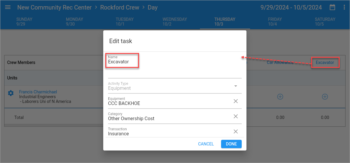 Screenshot of Edit task launched from task name.