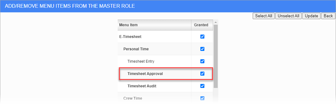 Screenshot of E-Timesheet Security Role screen.