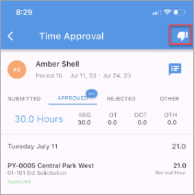 Screenshot of Timesheet Approval showing approved timesheet.