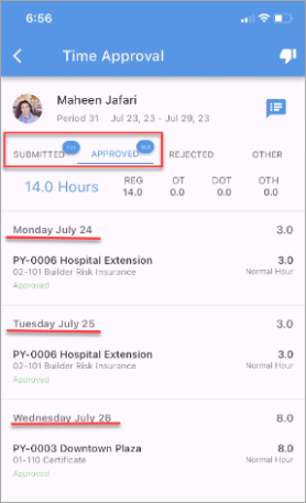 Screenshot of Timesheet Approval at the Employee Timesheet level.