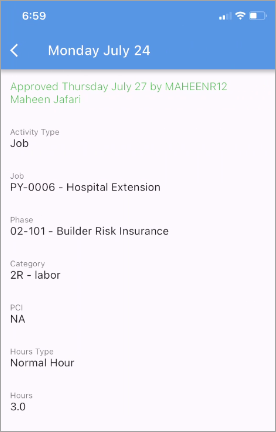 Screenshot of Timesheet Approval screen with approval status indicated.