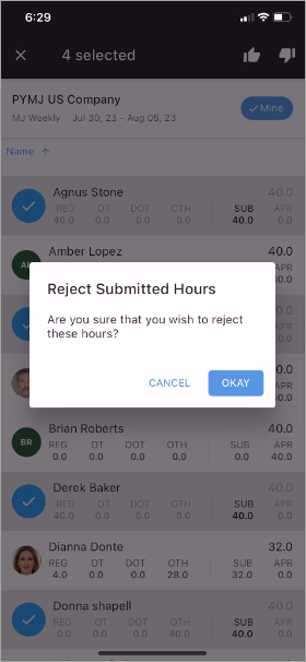 Screenshot of Timesheet Approval screen showing rejection of submitted hours.