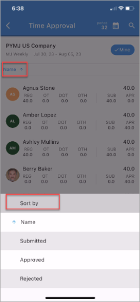 Screenshot of Timesheet Approval Sorting feature.