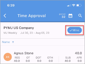 Screenshot of Timesheet Approvel showing Mine filter chip.