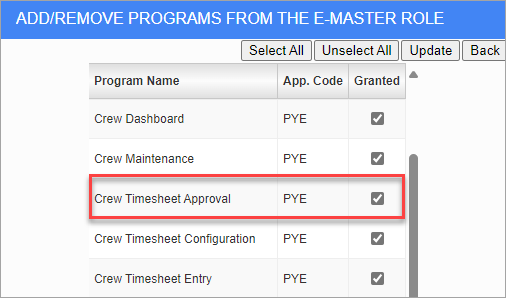 Screenshot of Security Roles- add/remove programs with Crew Timesheet Approval highlighted.