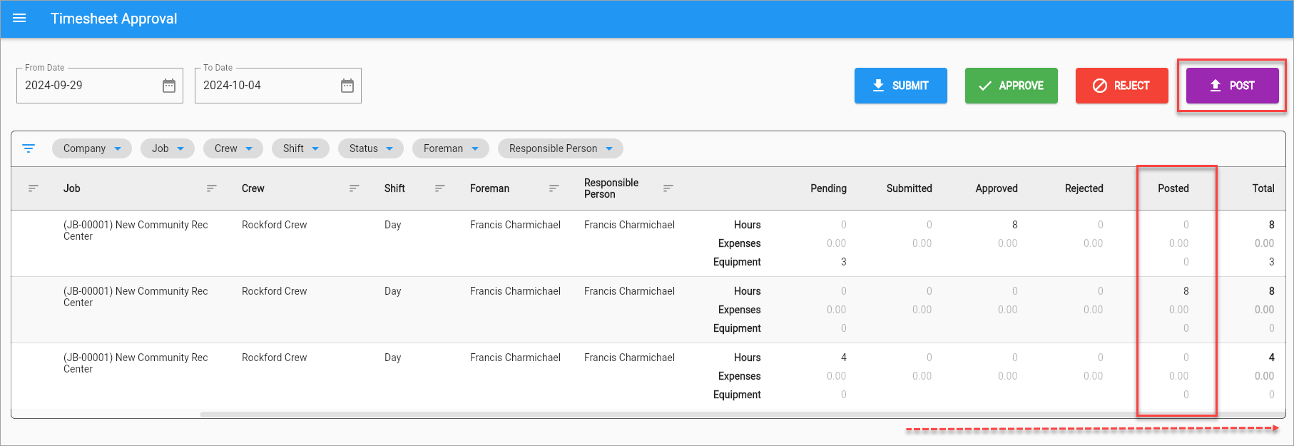 Screenshot of Timesheet Approval with Posted column highlighted.