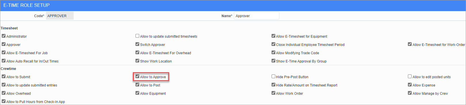 Screenshot of E-Time Role Setup with 'Allow to Approve' checkbox highlighted.