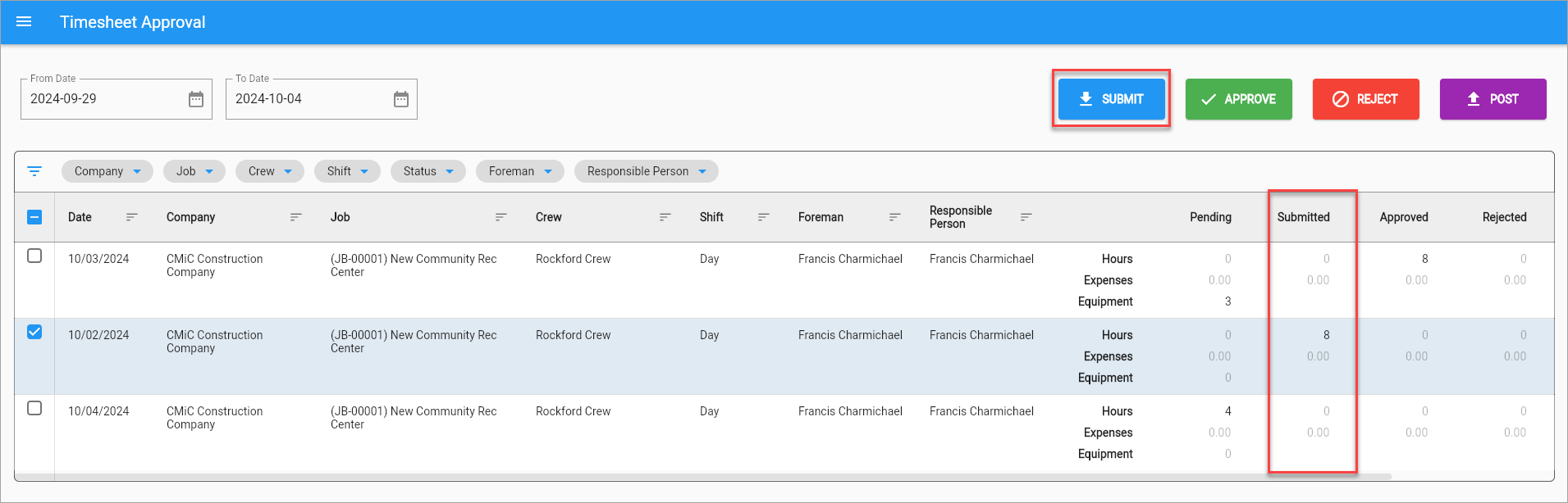 Screenshot of Timesheet Approval with Submitted column highlighted.