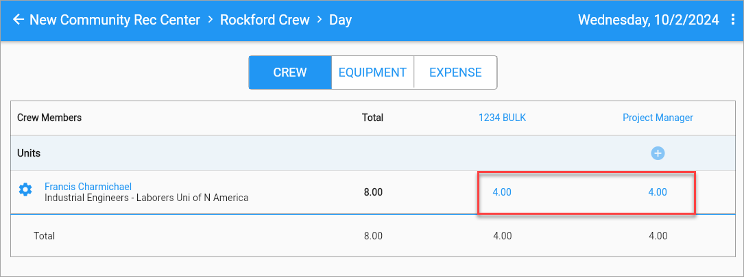 Screenshot of Timesheet with hours highlighted.