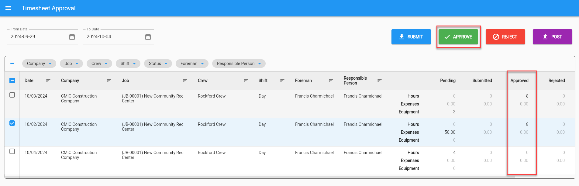 Screenshot of Timesheet Approval with Appoved column highlighted.