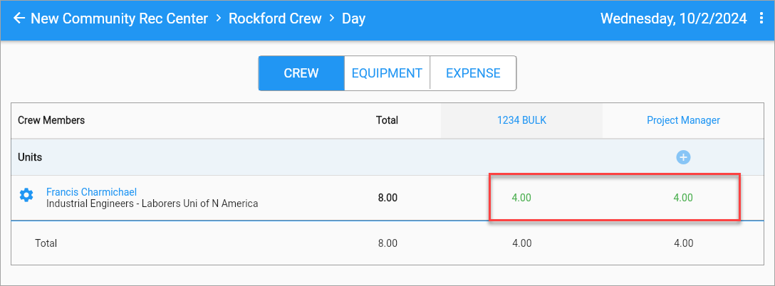 Screenshot of Timesheet with hours highlighted.