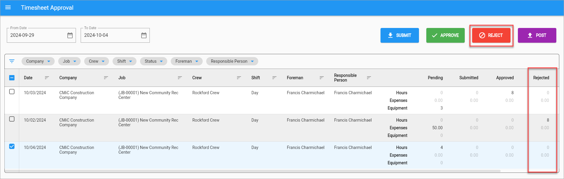 Screenshot of Timesheet Approval with Rejected column highlighted.