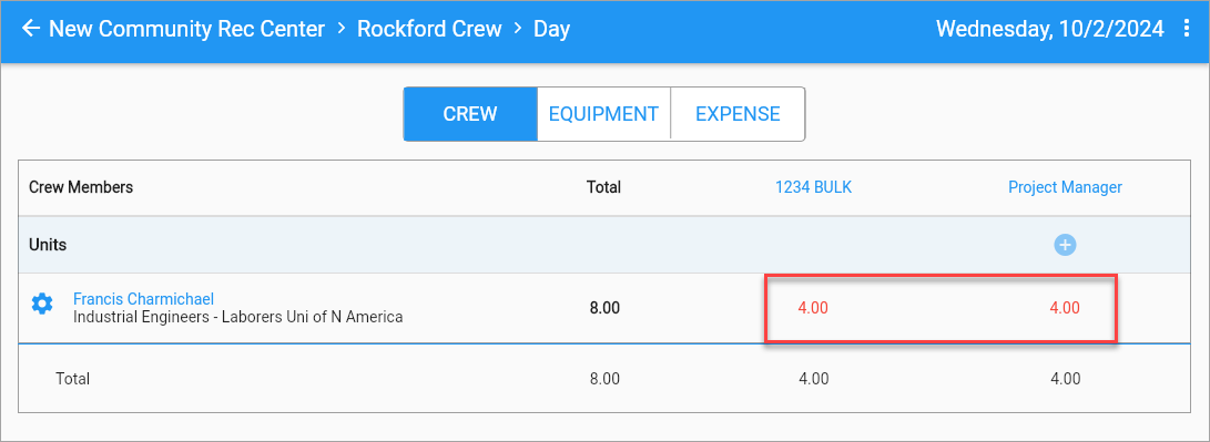 Screenshot of Timesheet with hours highlighted.