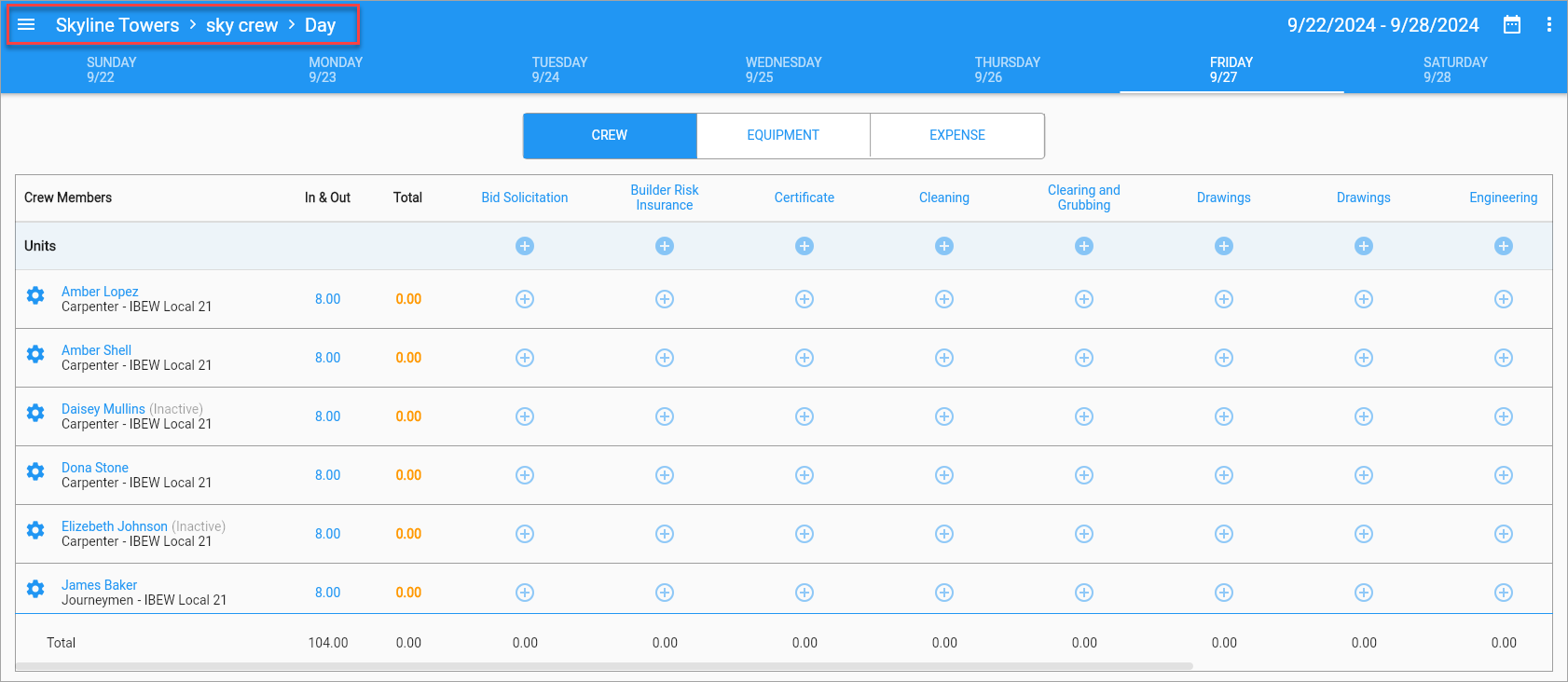 Screenshot of Timesheet Entry