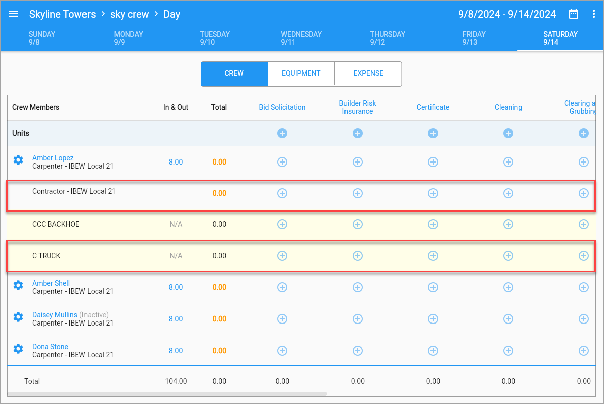 Screenshot of Timesheet Entry with added trades and equipment.