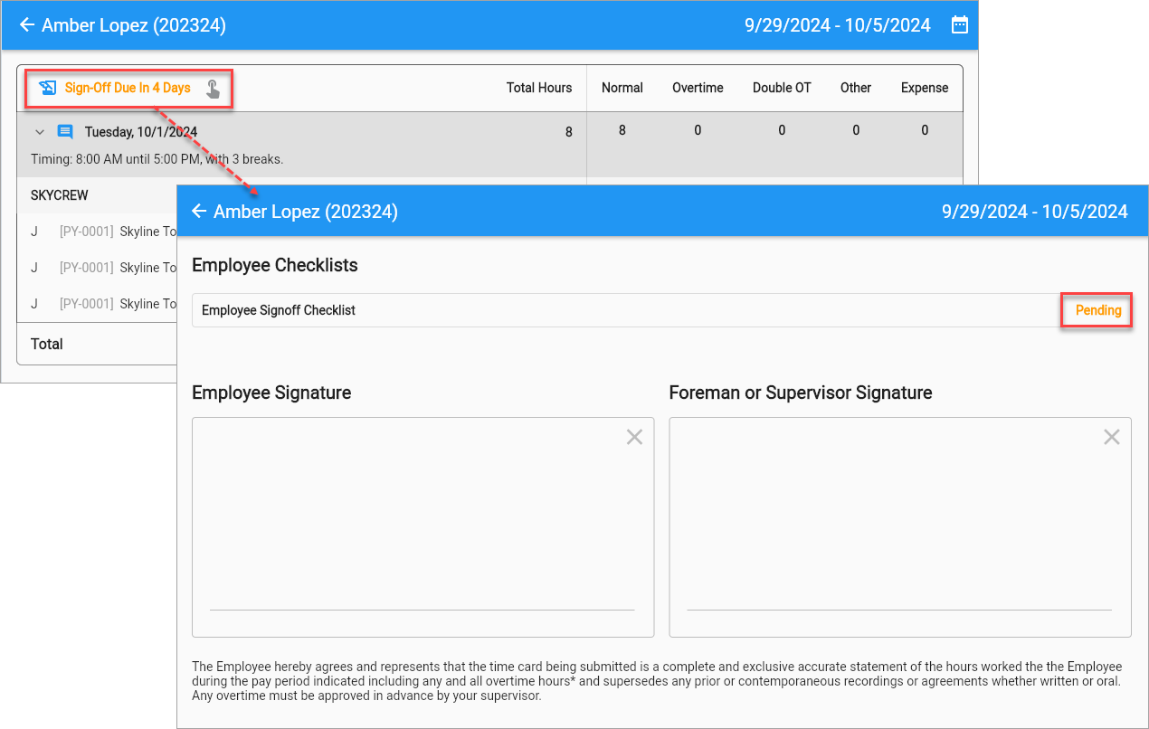 Screenshot of Employee Checklists launched from sign-off link