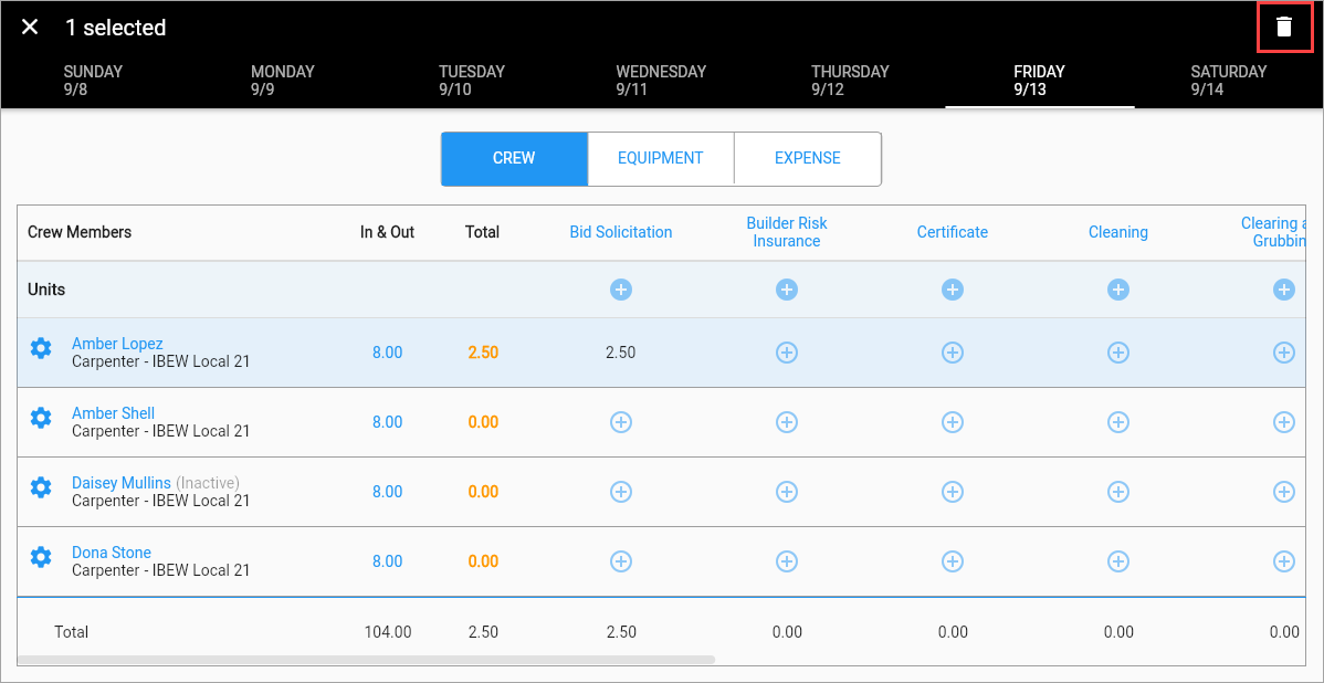 Screenshot of Timesheet Entry with employee selected for deletion.