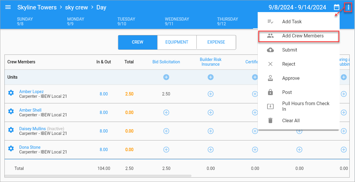 Screenshot of Timesheet Entry with menu launched and Add Crew Members option highlighted.