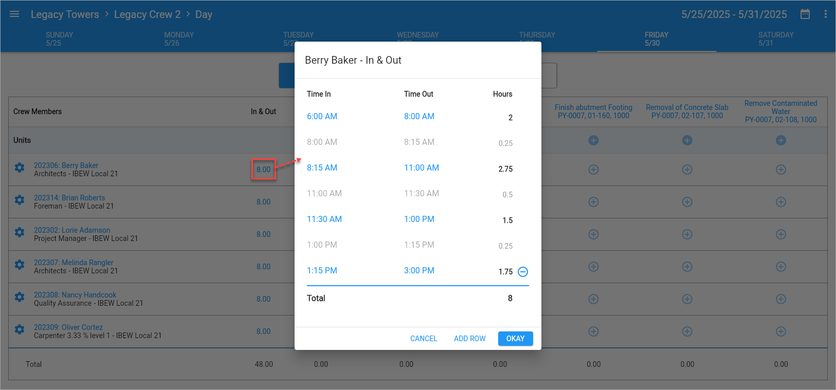 Screenshot of In & Out pop-up launched from Timesheet Entry.