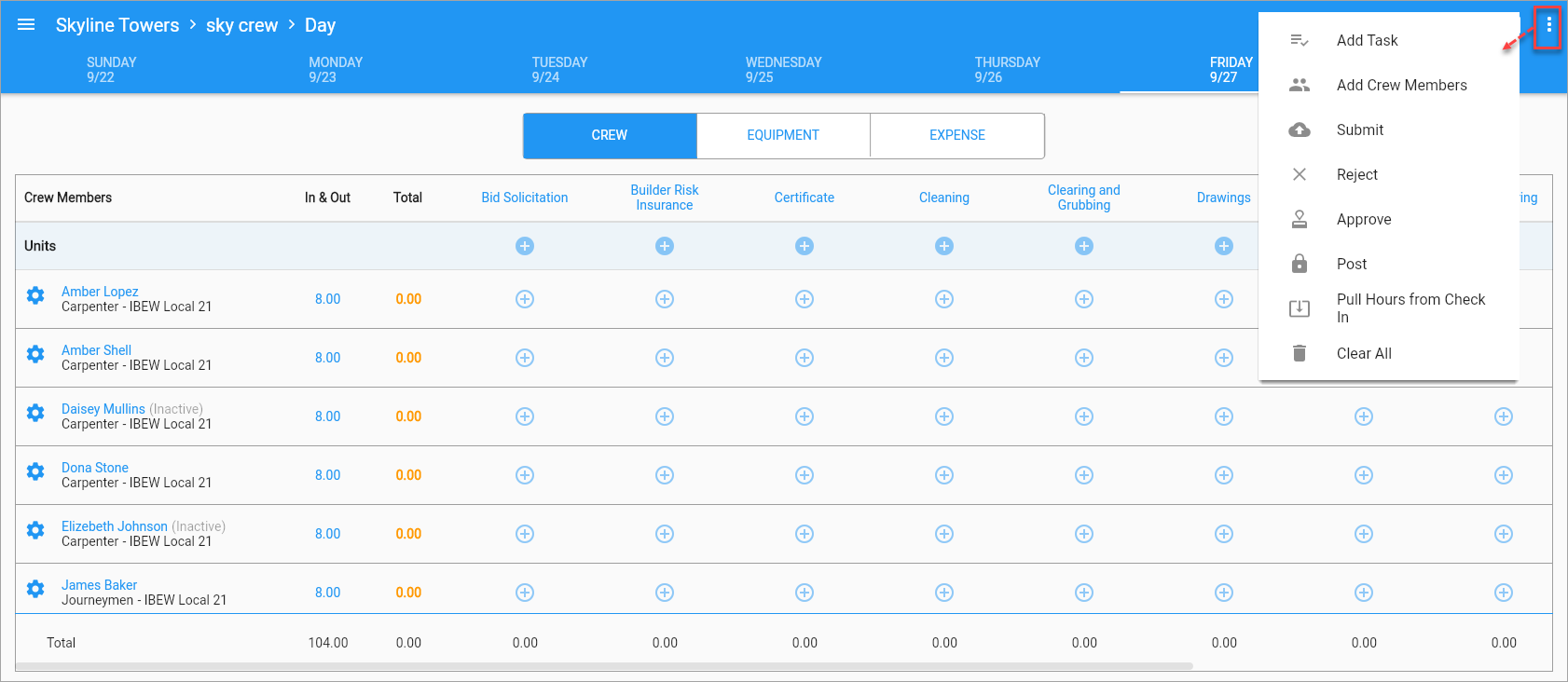 Screenshot of Timesheet Entry with menu launched