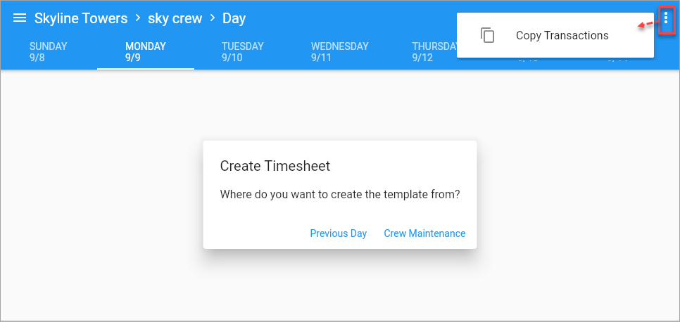 Screenshot of Timesheet Entry with Create Timesheet pop-up and menu options.