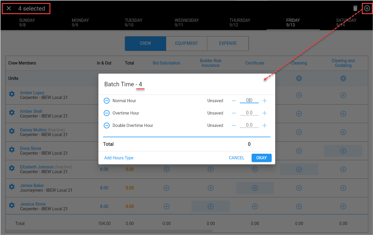 Screenshot of batch entry on timesheet.