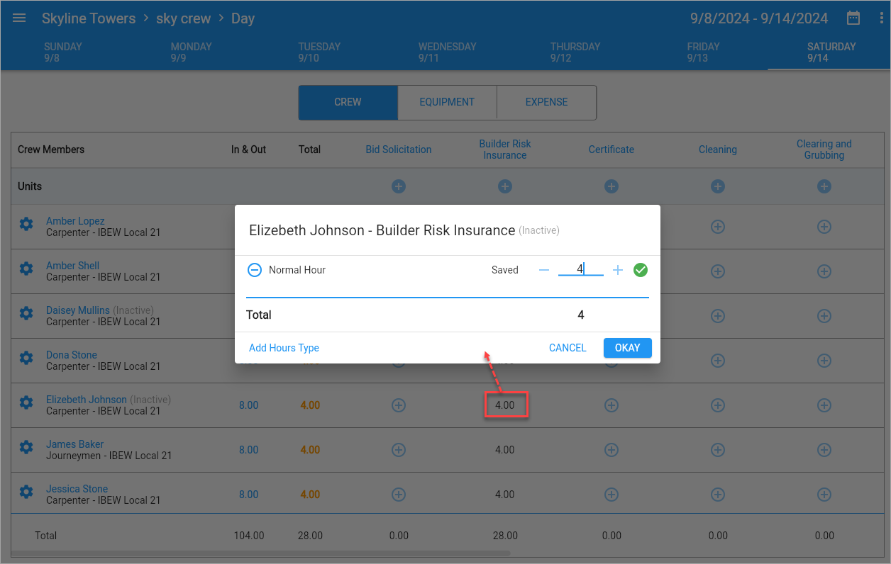 Screenshot of Timesheet Entry activity hour pop-up