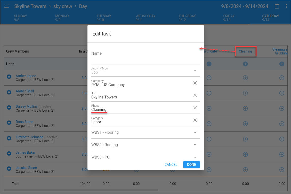 Screenshot of Timesheet Entry with Edit task pop-up