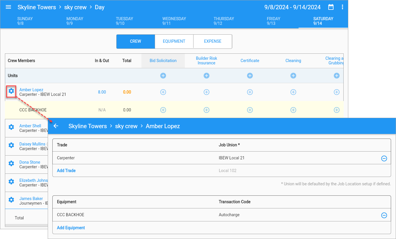 Screenshot of Trades and Equipment screen launched form settings icon on Timesheet Entry.