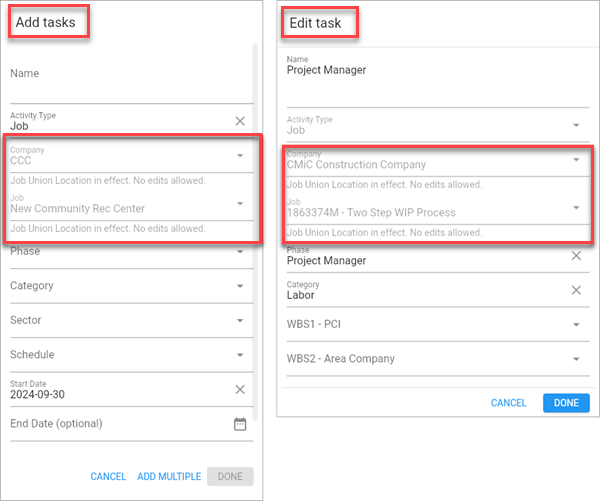 Screenshot of Add Tasks and Edit Task pop-ups with Job Union Location message.