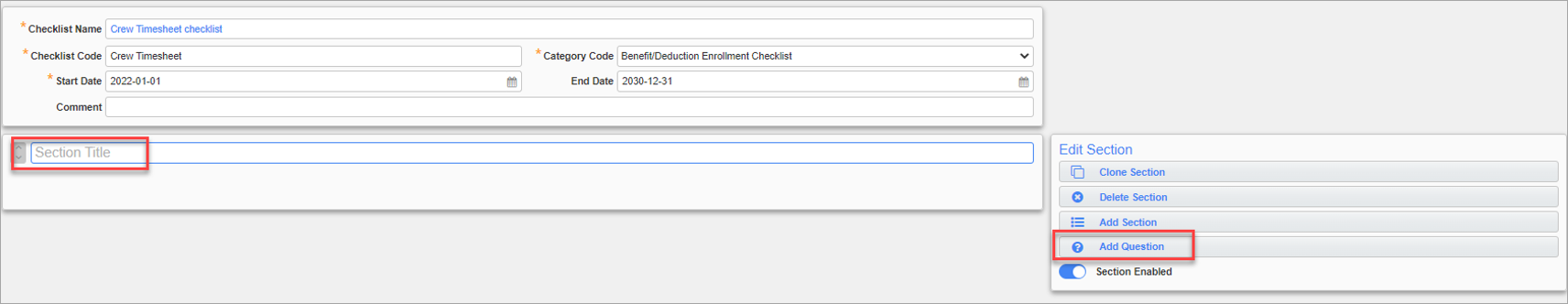 Screenshot of Checklist template Sections.