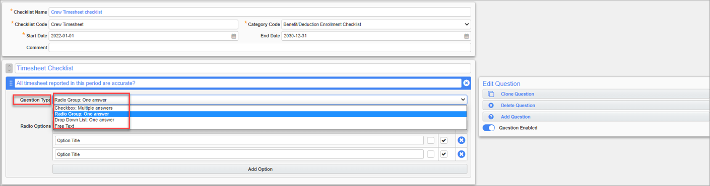 Screenshot of Checklist template Question type.