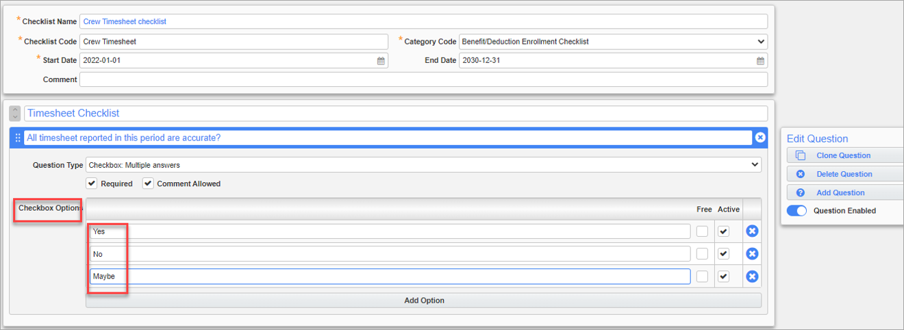 Screenshot of Checklist template checkbox options.