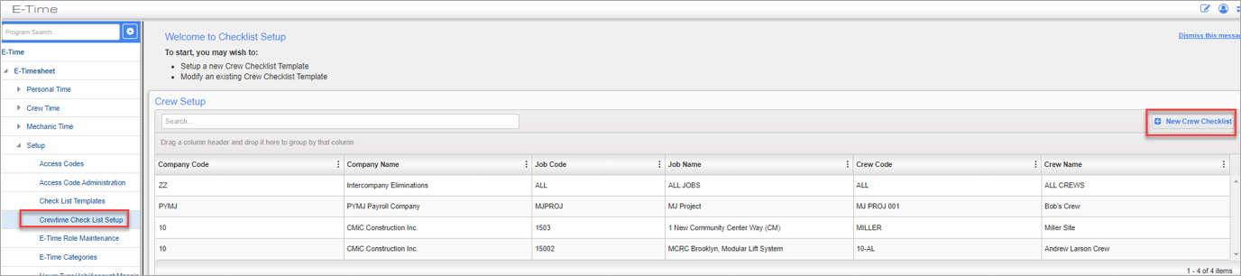 Screenshot of Checklist Setup in E-Time.